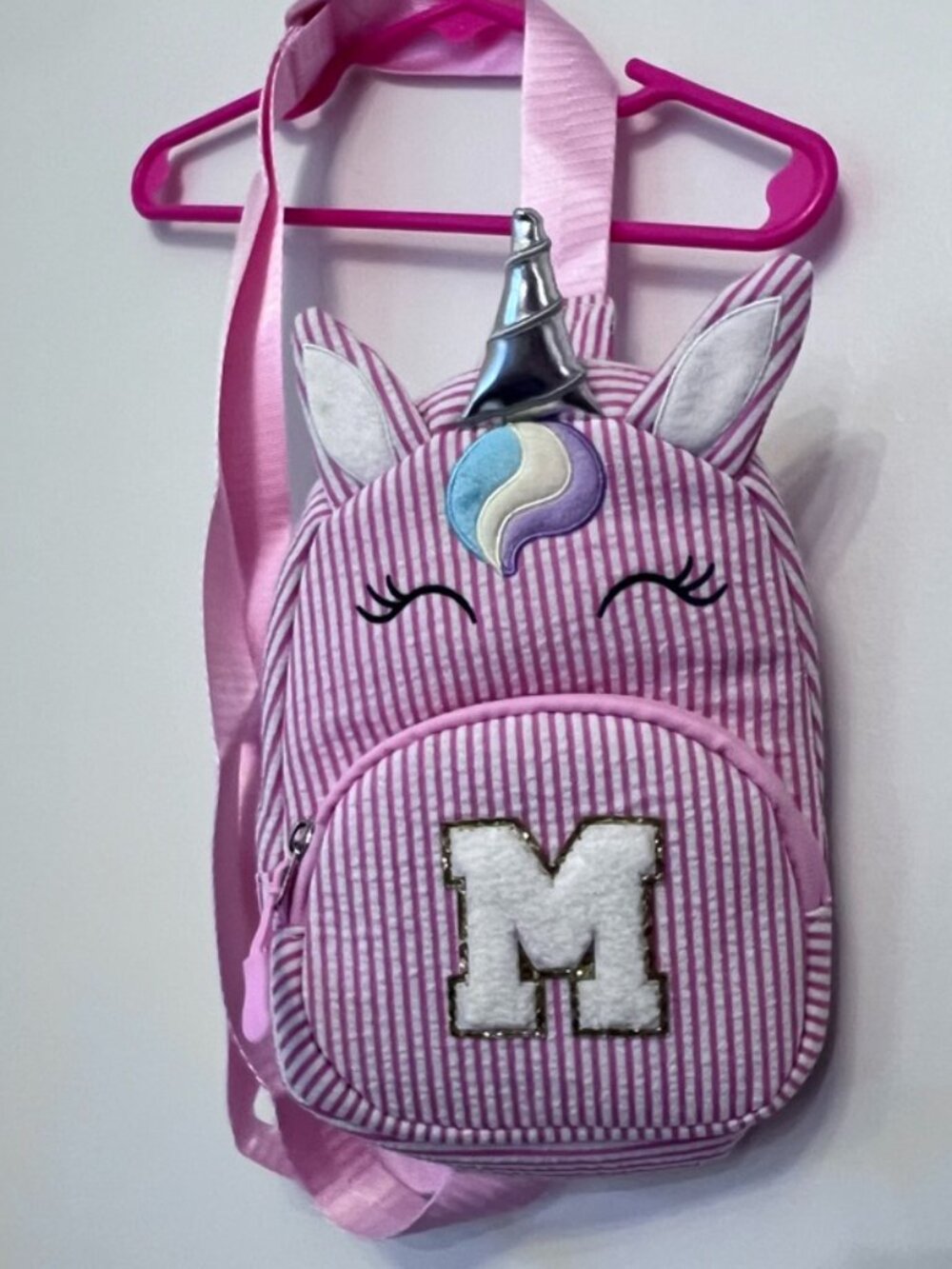 Unicorn Seersucker Mini Backpack Pink & White Striped Monogram Initial "M"